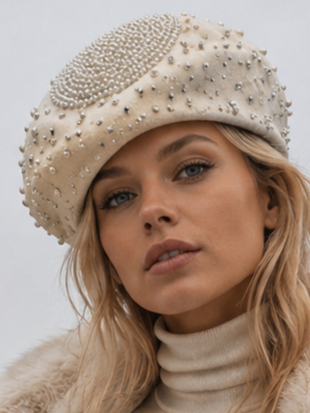 Pearl & Bead Embellished Cream Beret
